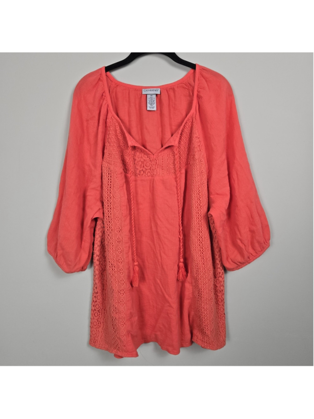 Catherines Womens Lace Crochet Gauze Tunic Top Size 2X Coral Boho Peasant Flowy